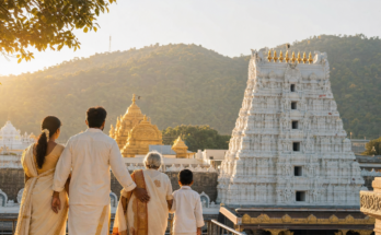 Tirupati Special Darshan family pilgrimage illustration with Tirumala temple in morning light