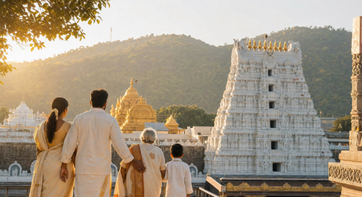 Tirupati Special Darshan family pilgrimage illustration with Tirumala temple in morning light