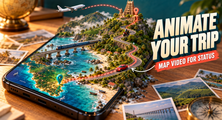 Travel Animator app showing a car moving on a 3D route map