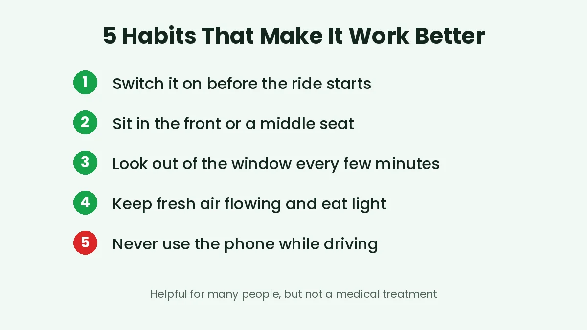 Habits that help a car sickness app work better on bus and car journeys