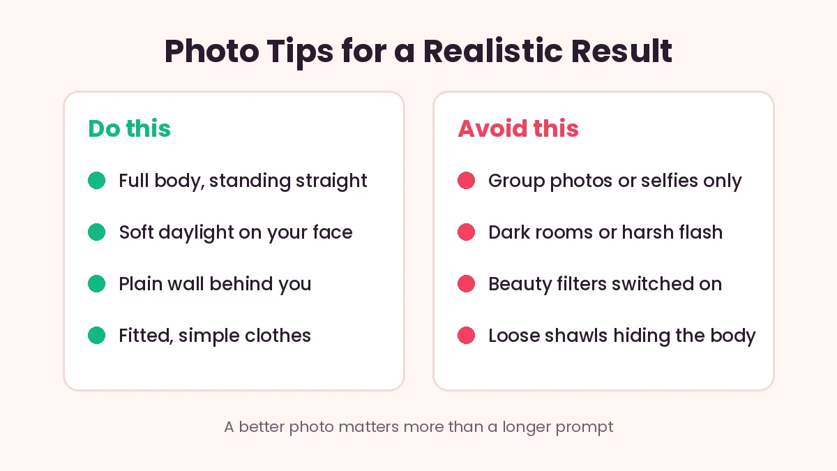 Photo tips for a realistic AI dress try on result