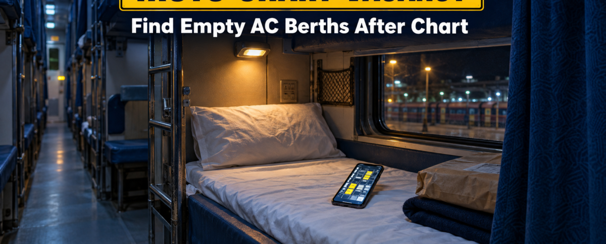 IRCTC Chart Vacancy guide showing an empty AC berth and a phone with a seat map