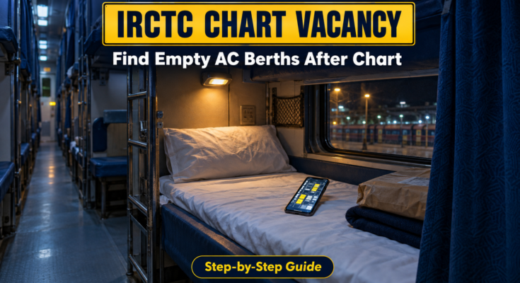 IRCTC Chart Vacancy guide showing an empty AC berth and a phone with a seat map