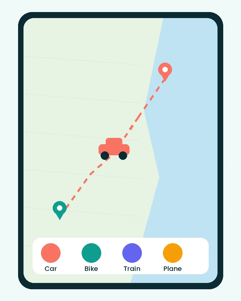Travel Animator app choosing a car, bike, train or plane for the route